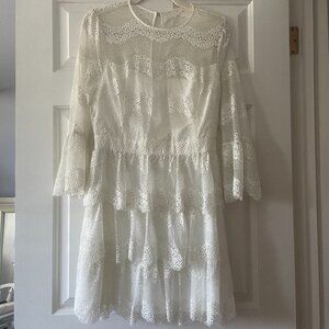 NWT BEBE White Lace Long Sleeve Olivia Ruffle Tier Lace Dress sz 10